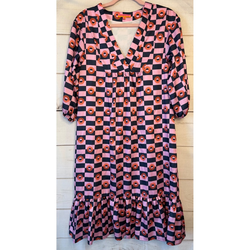 Vilagallo Pink Navy Checkered Floral V-Neck Midi Dress Size 36 Made in Portugal